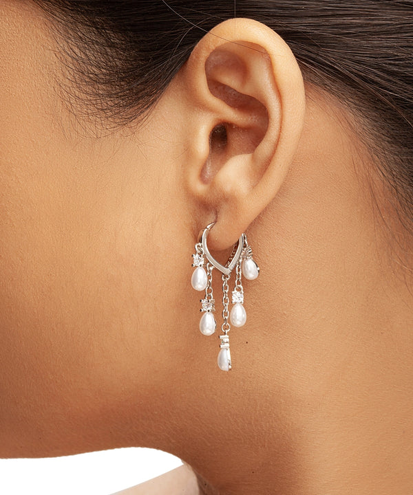 Silver Pearl  Waterfall Hoop Earrings
