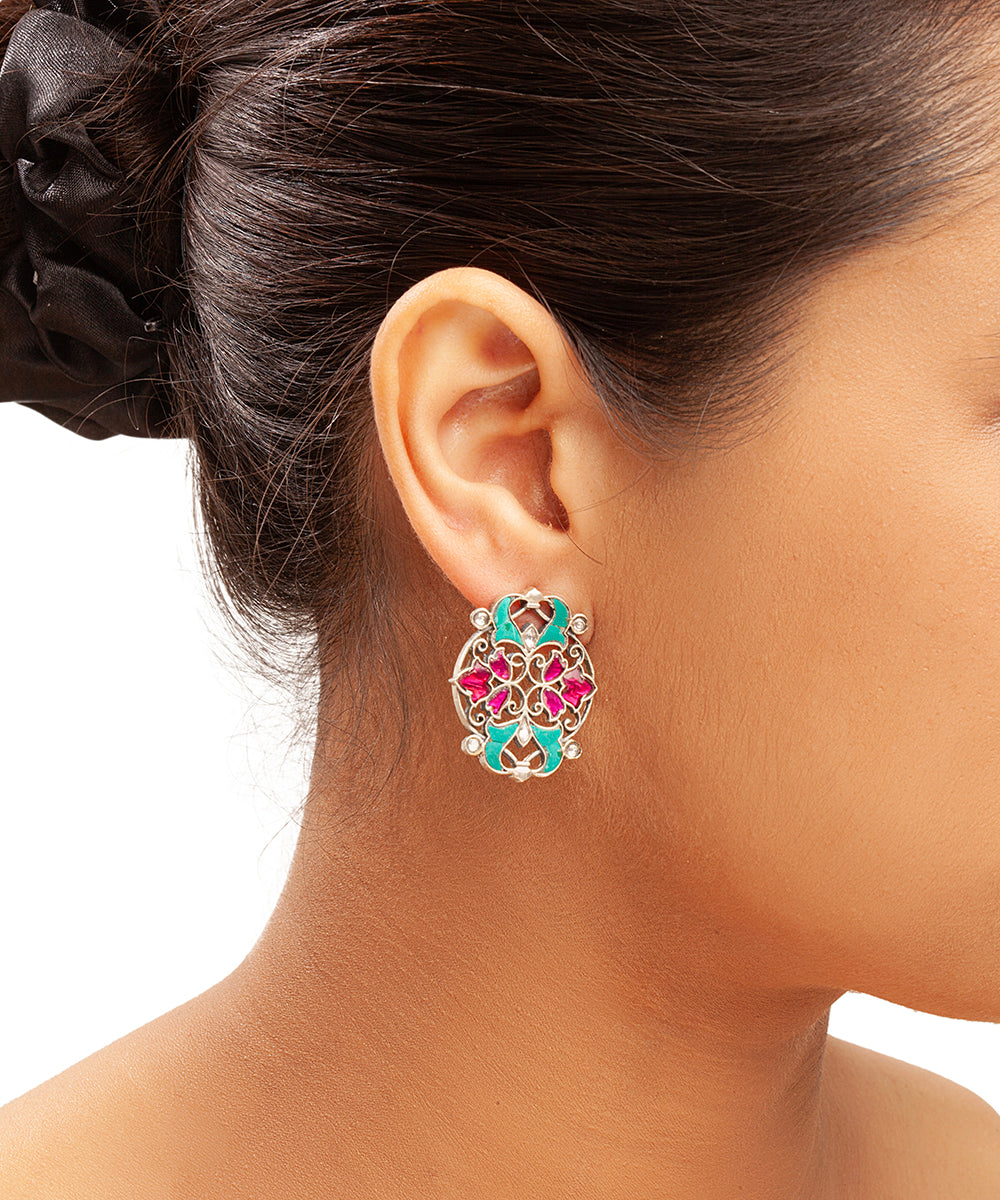 Silver Magenta & Green Kundan Floral Jali Earrings