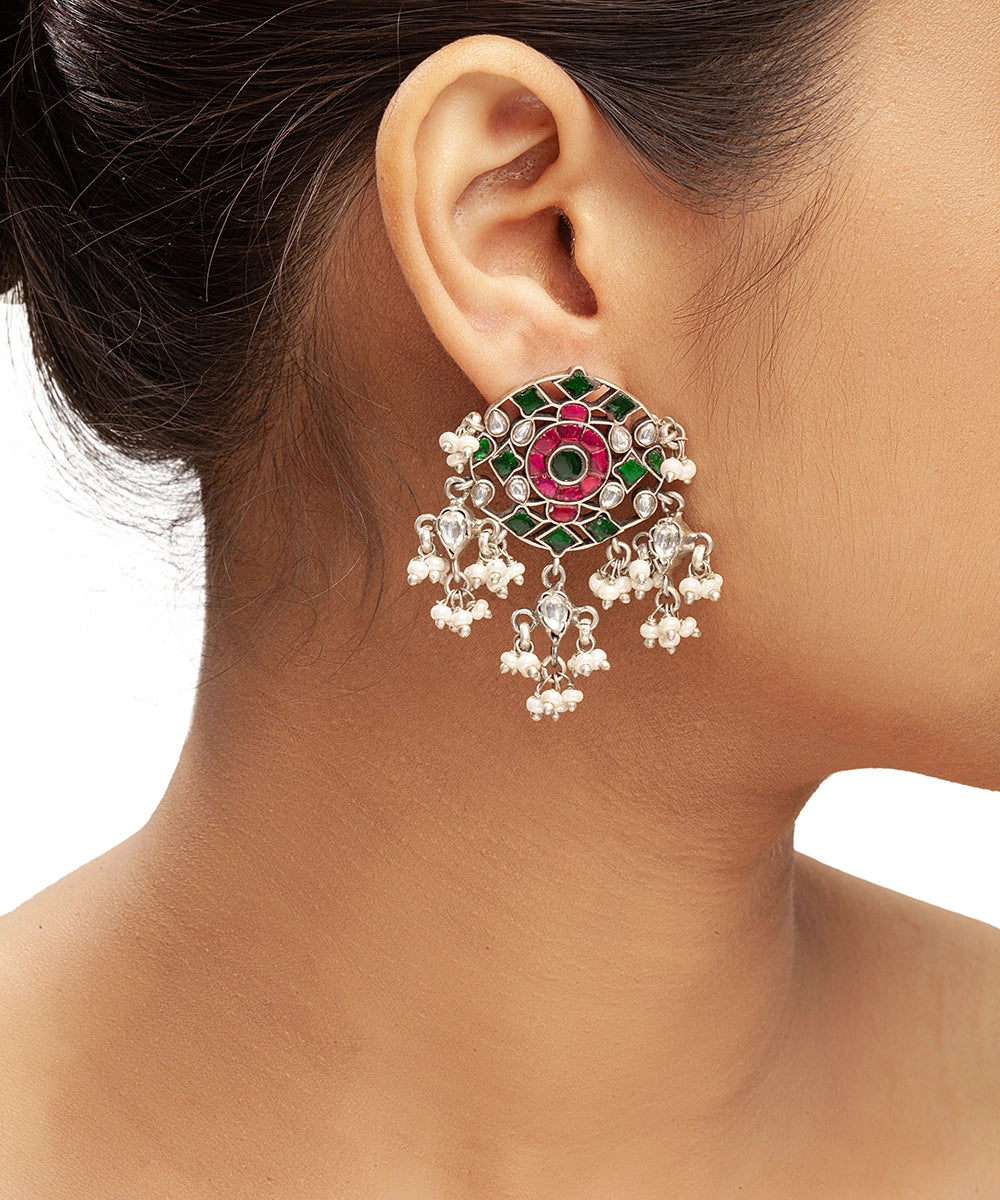 Silver Vibrant Pink & Green Kundan Dangler Earrings