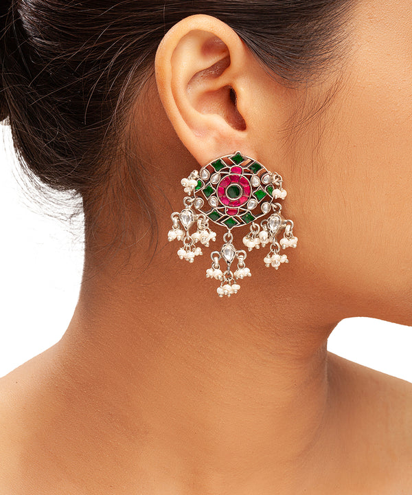 Silver Vibrant Pink & Green Kundan Dangler Earrings