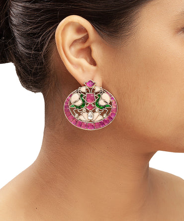 Silver Peacock and Floral kundan Earrings
