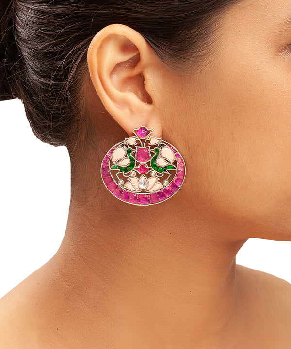 Silver Peacock and Floral kundan Earrings