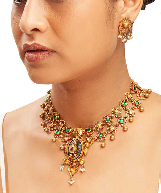 Silver Heritage Necklace with Green Kundan Accents