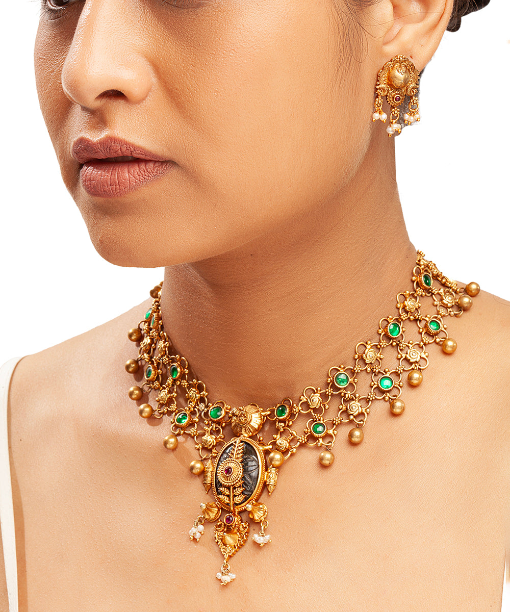 Silver Heritage Necklace with Green Kundan Accents
