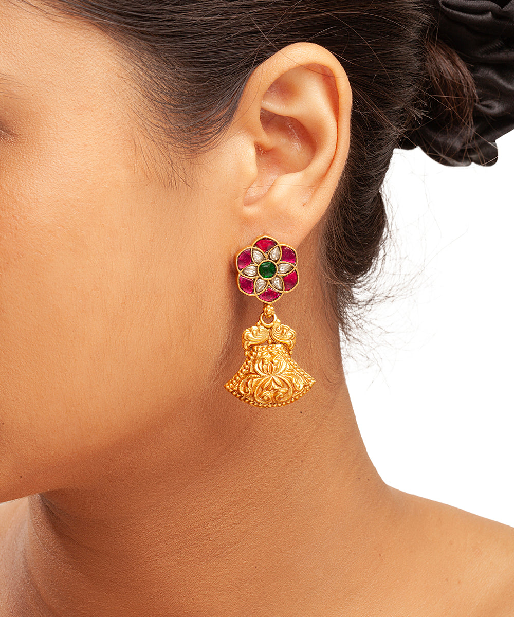 Silver Statement Danglers with Intricate Kundan Flower