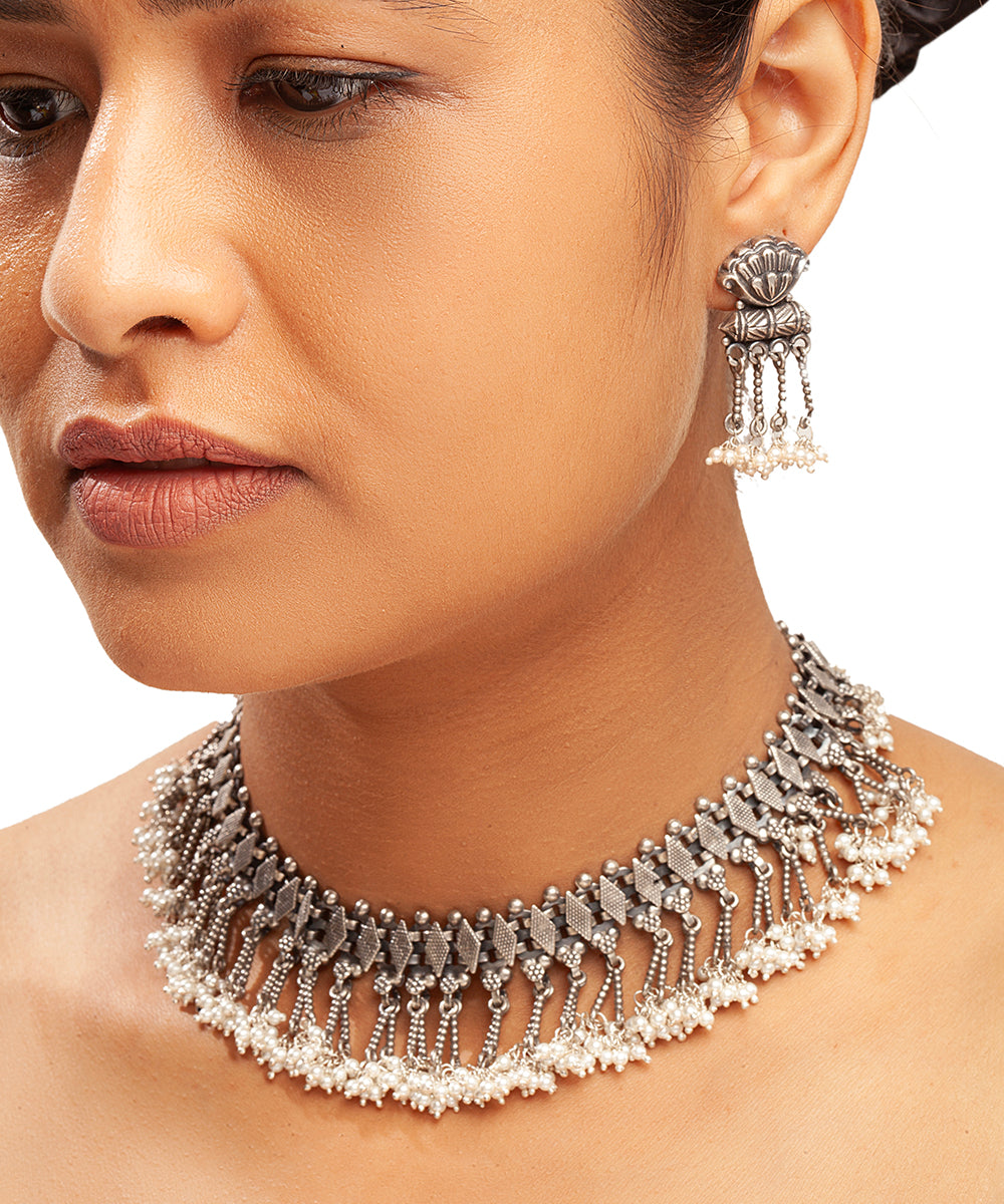 Silver Choker with Cluster Pearl Dangles