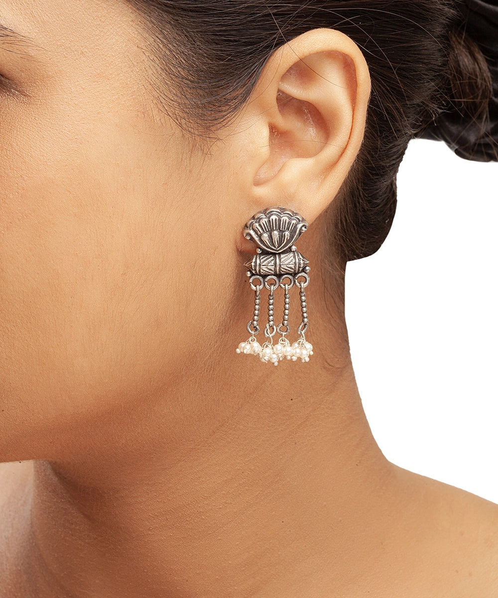 Silver Antique Pearl Chain Danglers