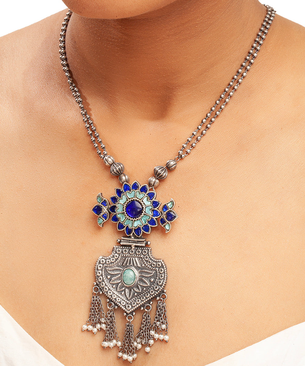 Silver Blue Kundan Long Chain Tribal Necklace
