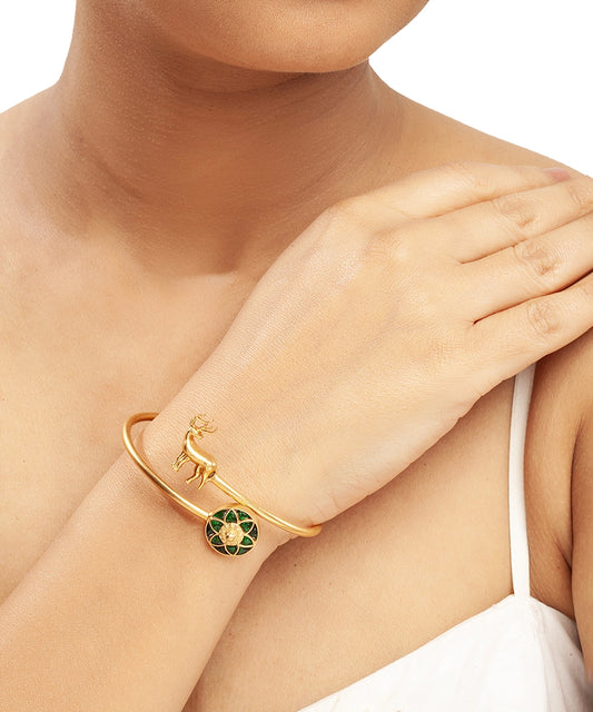 Silver Green Deer Motif Open Bangle