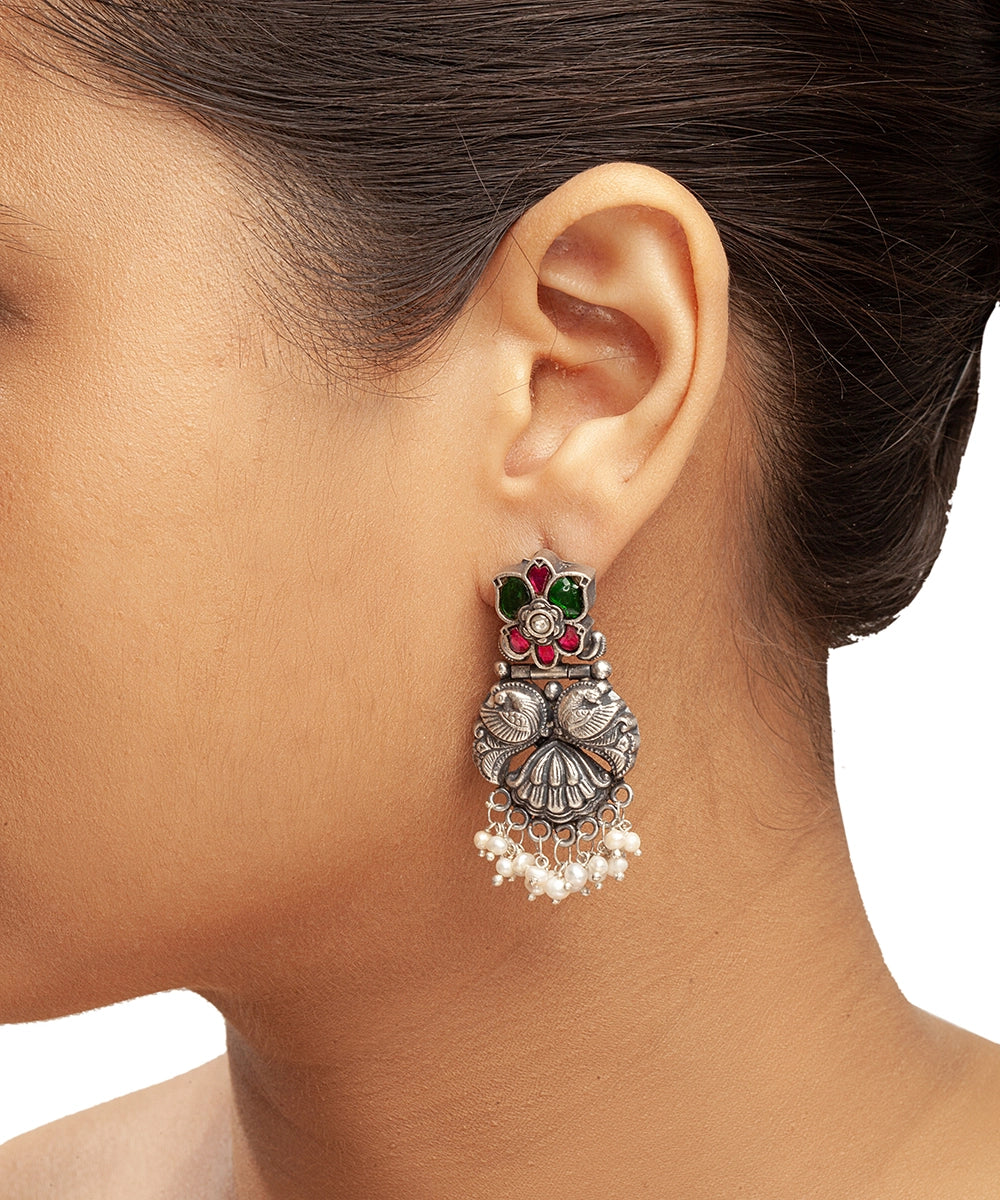 Silver Earrings with Pink/Green Kundan And Mayur Motif