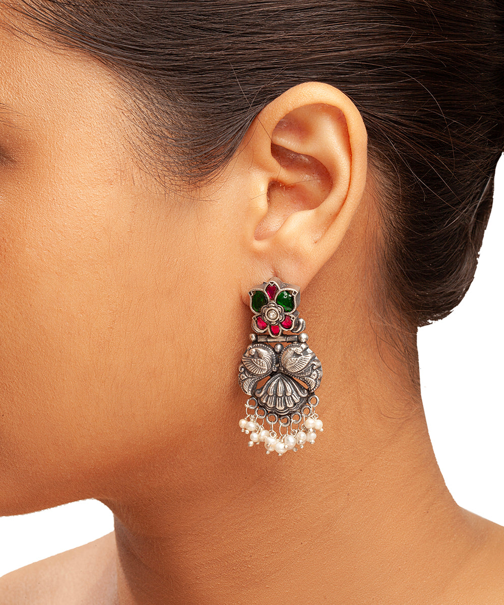 Silver Earrings with Pink/Green Kundan And Mayur Motif
