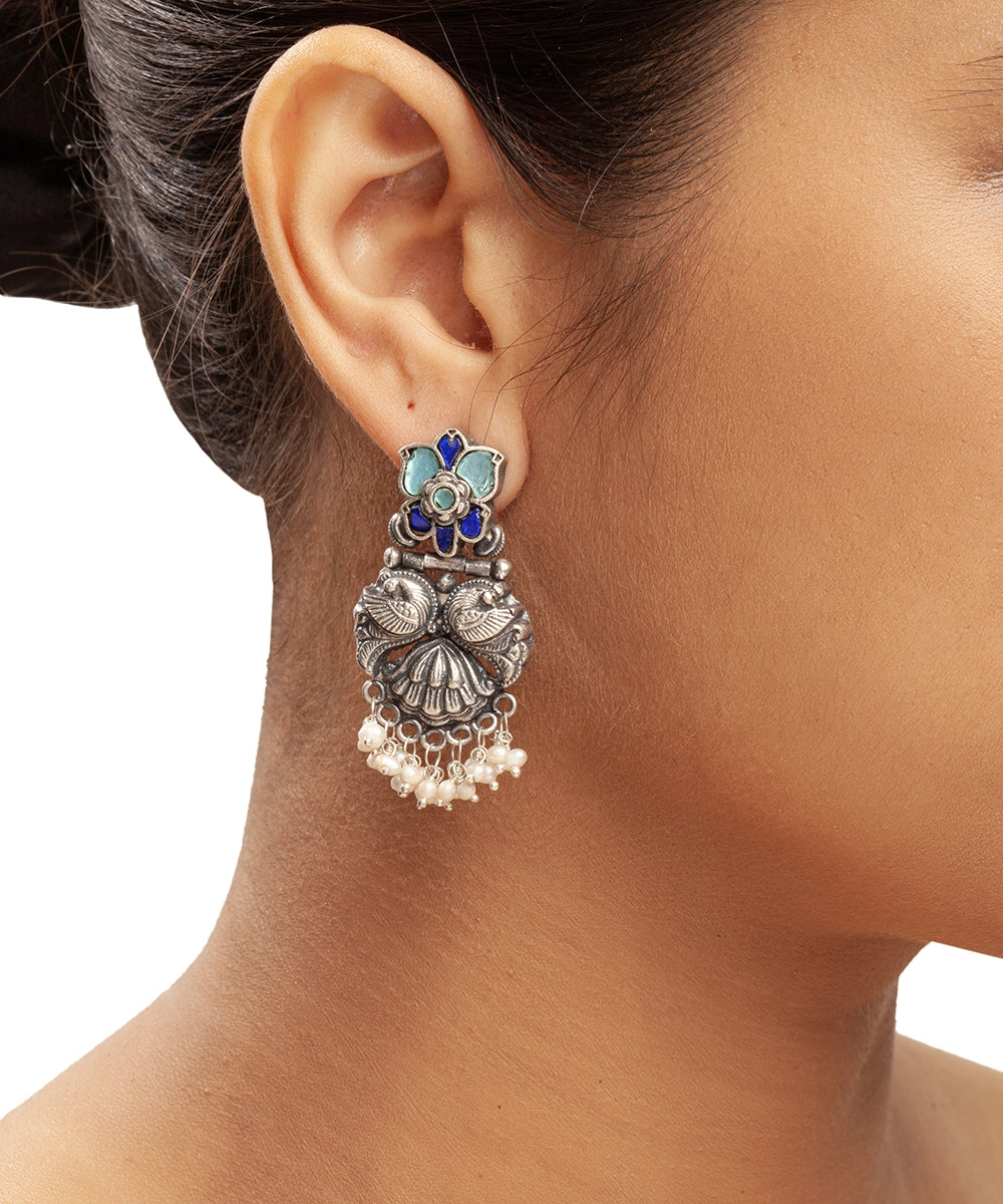 Silver Earrings with Blue Kundan And Mayur Motif