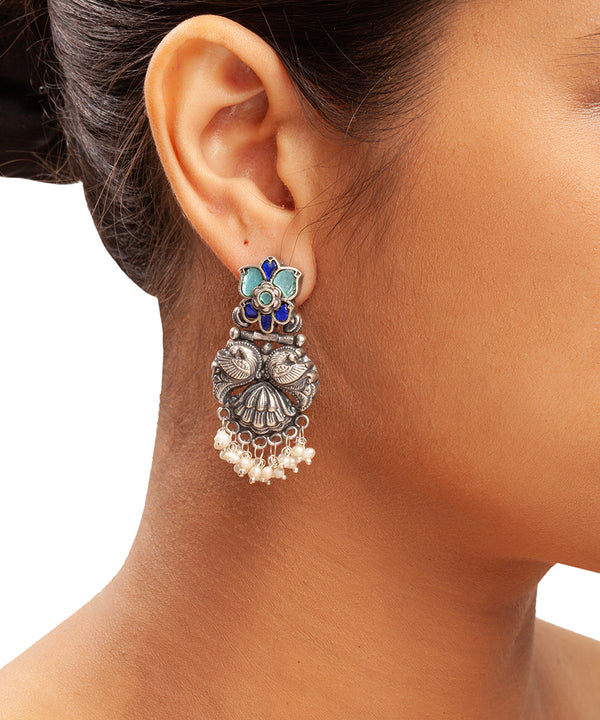 Silver Earrings with Blue Kundan And Mayur Motif