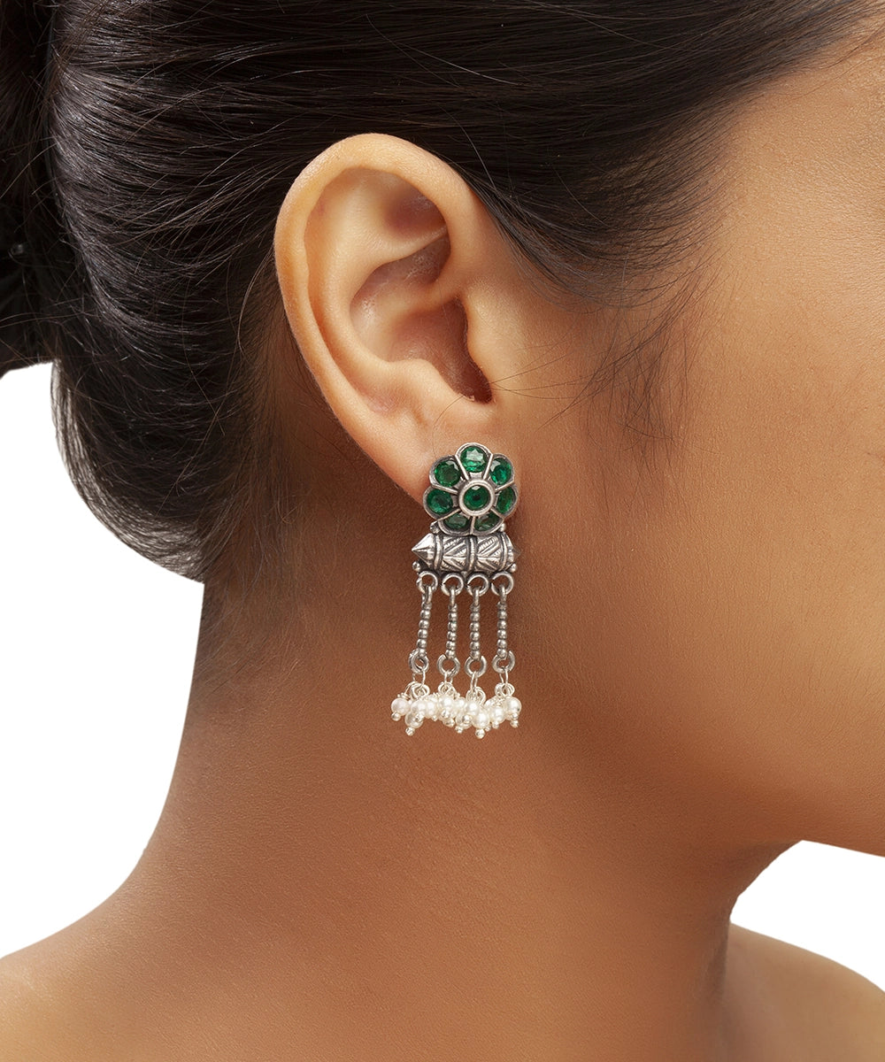 Silver Antique Green Floral Chain Earrings