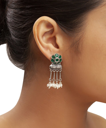 Silver Antique Green Floral Chain Earrings
