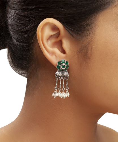 Silver Antique Green Floral Chain Earrings