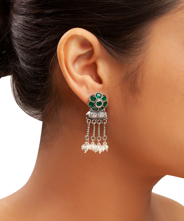 Silver Antique Green Floral Chain Earrings