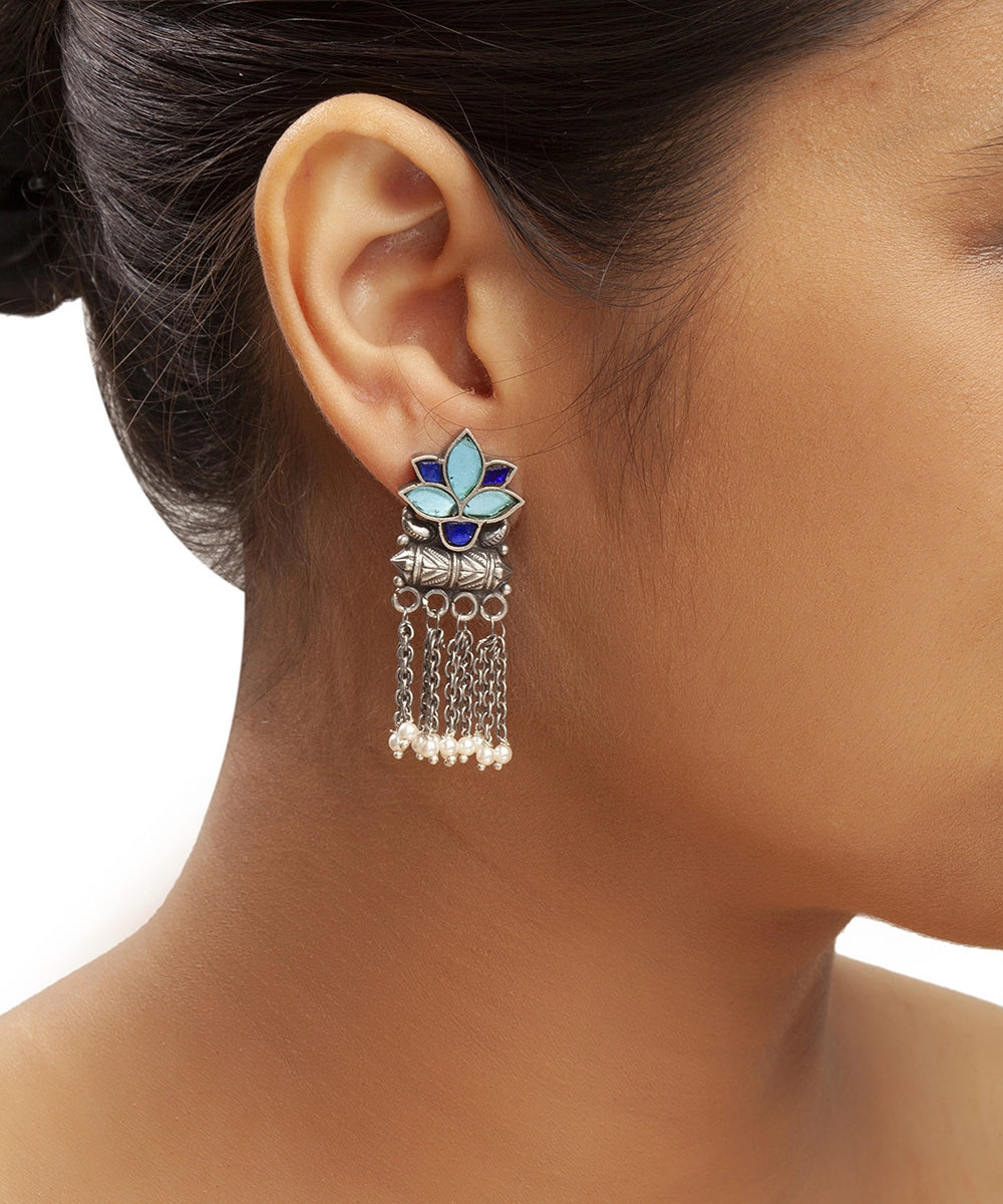 Silver Antique Blue Lotus Chain Earrings