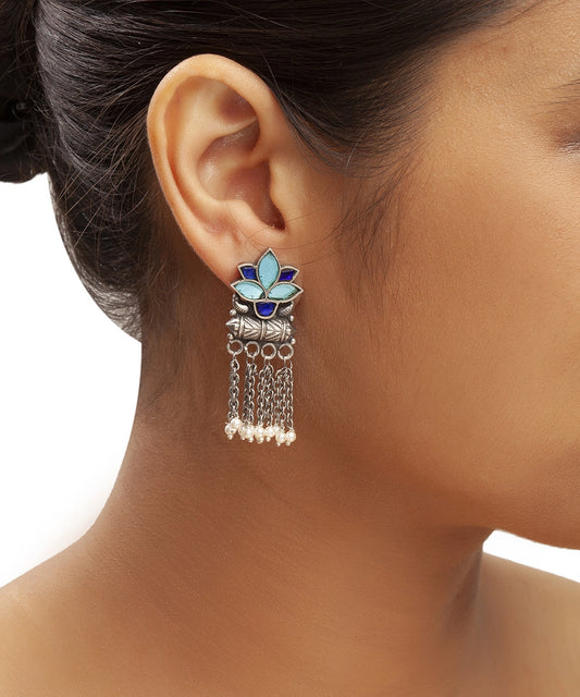 Silver Antique Blue Lotus Chain Earrings