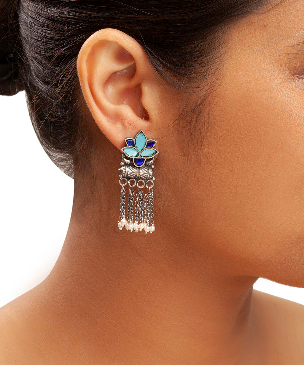 Silver Antique Blue Lotus Chain Earrings