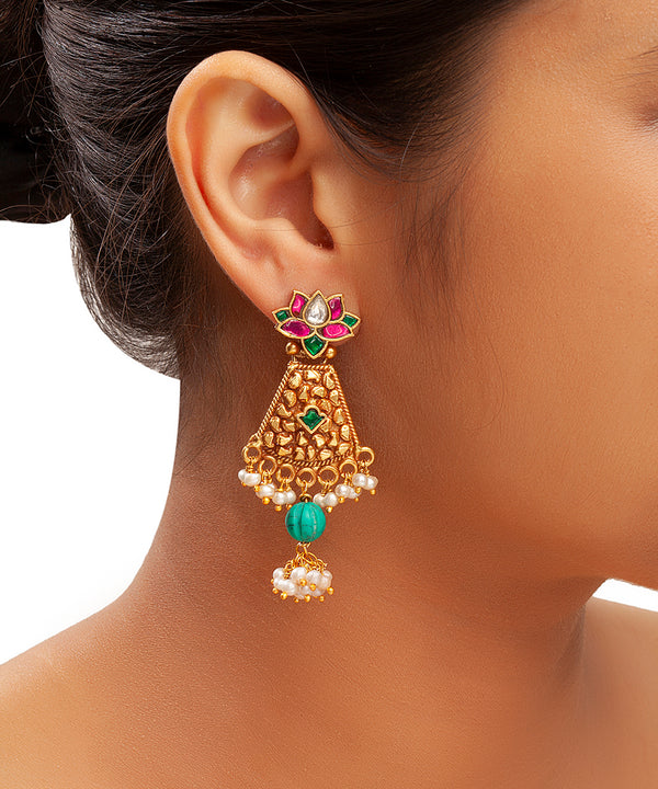 Silver Pink/Turquoise Rajwadi Style Lotus Earrings