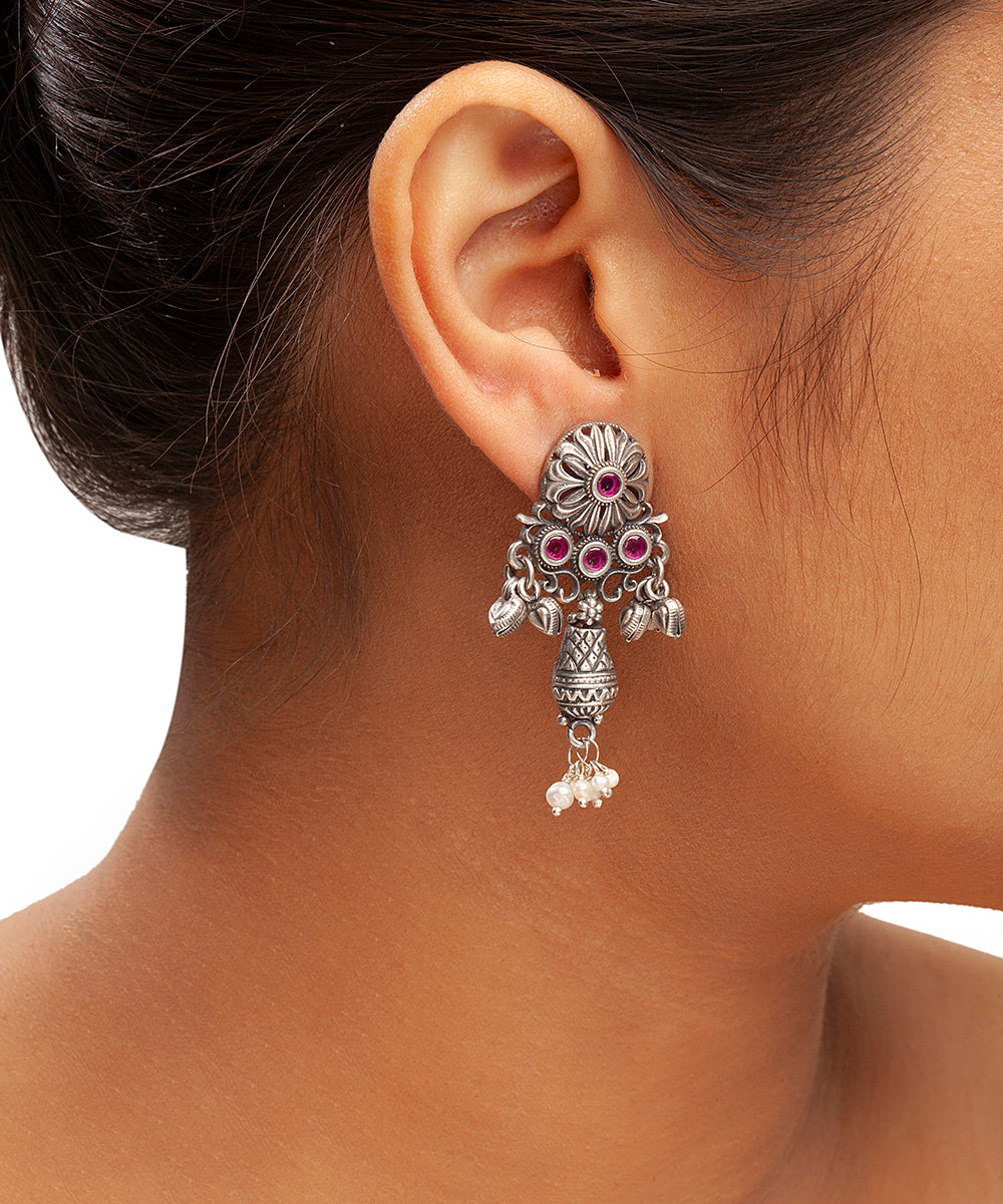 Silver Stone and Pearl Drop Earrings