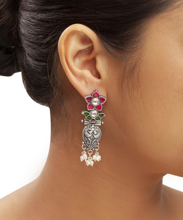 Silver Statement Pink Kundan Tribal Danglers