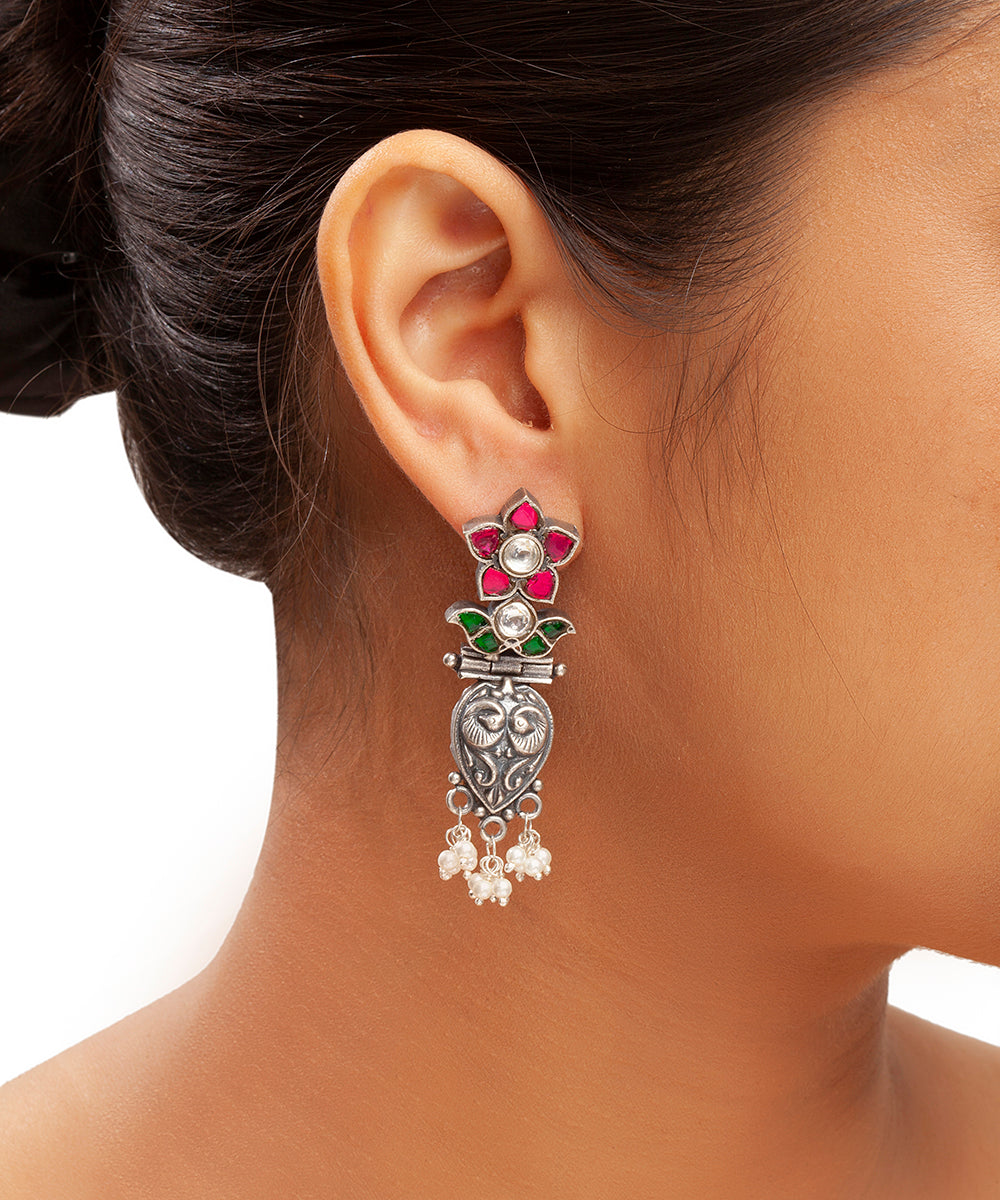 Silver Statement Pink Kundan Tribal Danglers