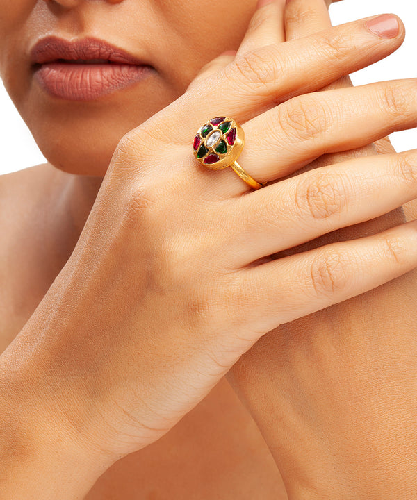 Silver Traditional Floral Ring In  Kundan