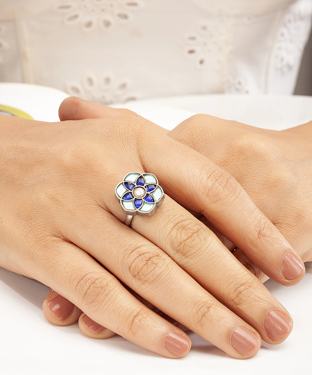 Silver Dual-Tone Blue Flower Adjustable Ring