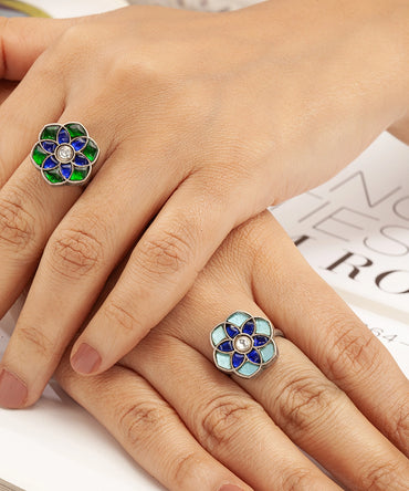 Silver Dual-Tone Blue Flower Adjustable Ring