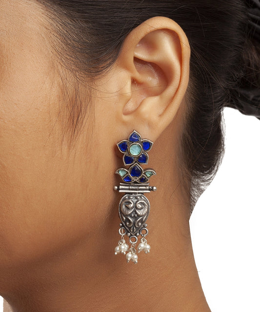 Silver Statement Blue Kundan Tribal Danglers