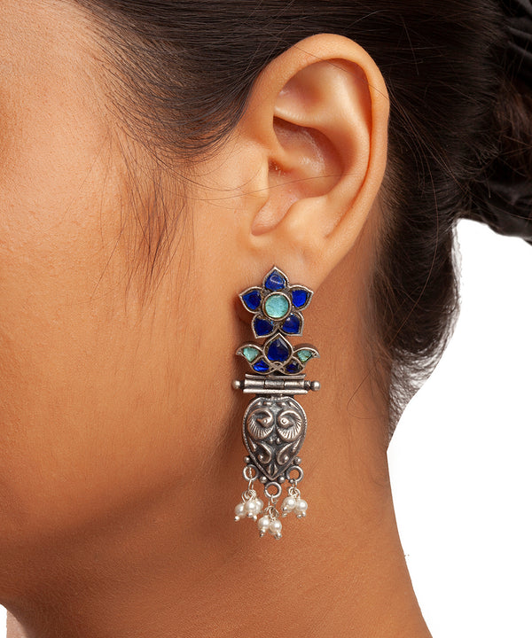 Silver Statement Blue Kundan Tribal Danglers