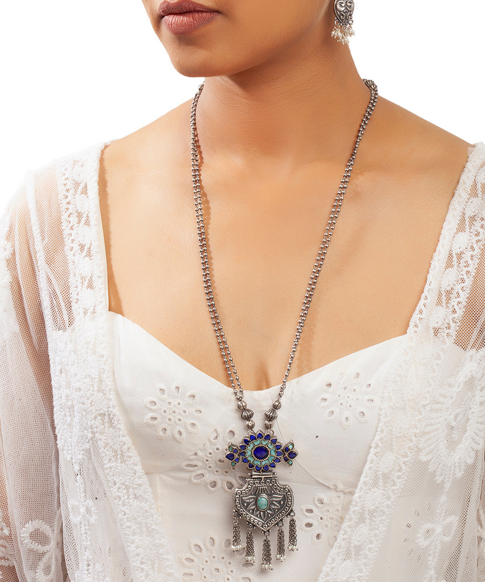 Silver Blue Kundan Long Chain Tribal Necklace