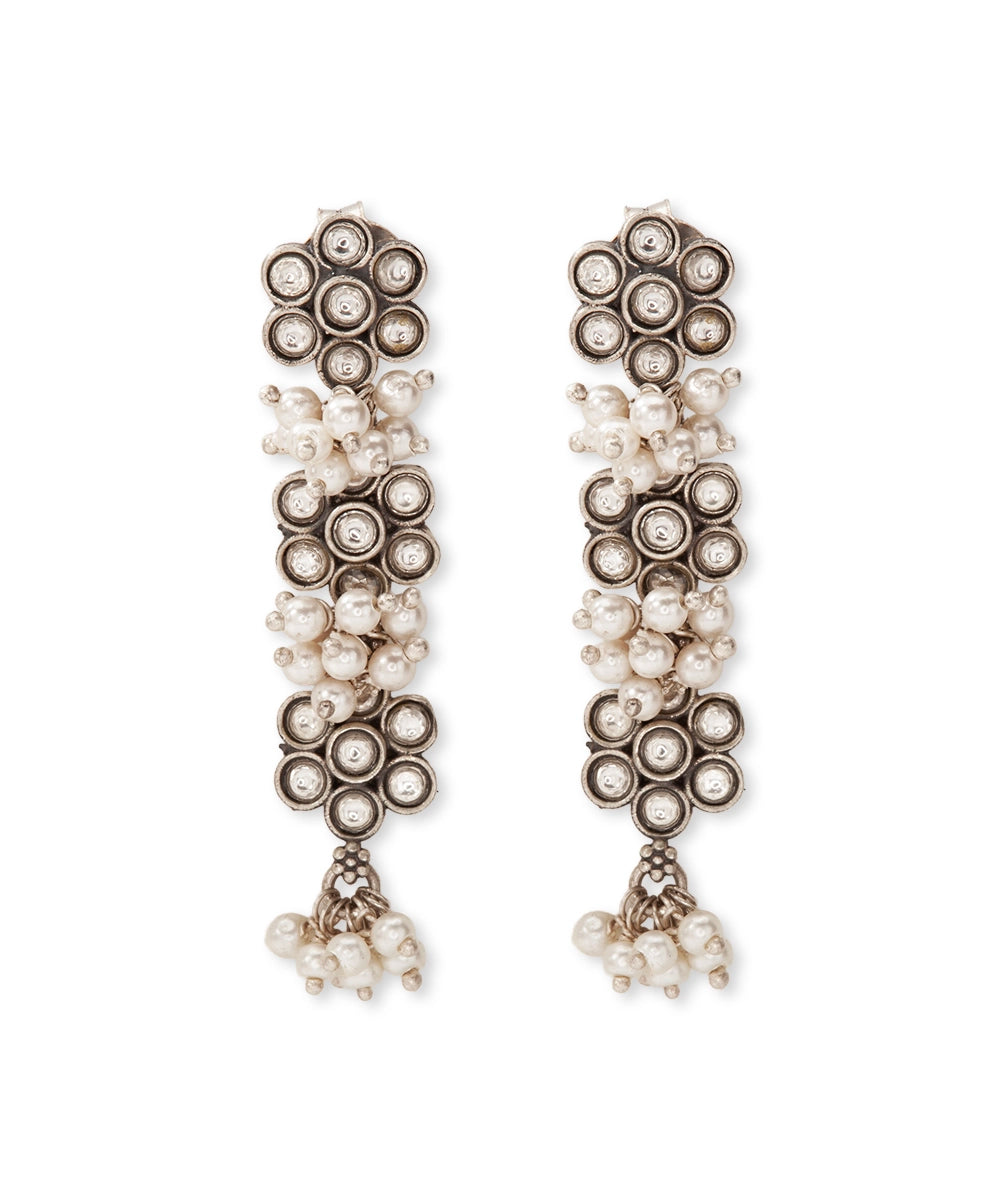 Silver Oxidized Floral Pearl Earrings