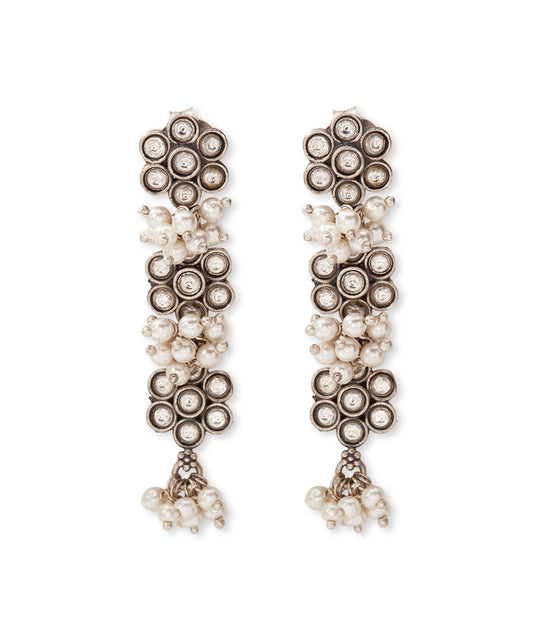 Silver Oxidized Floral Pearl Earrings