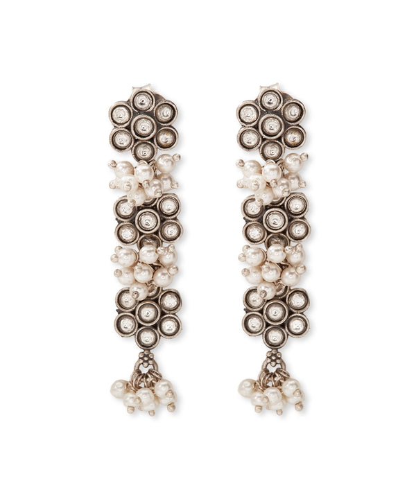 Silver Oxidized Floral Pearl Earrings