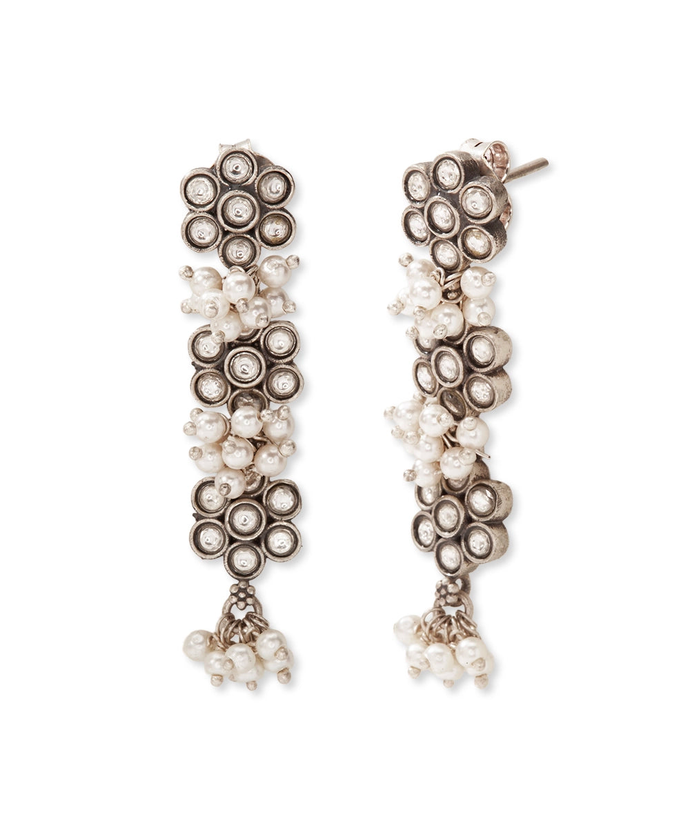 Silver Oxidized Floral Pearl Earrings