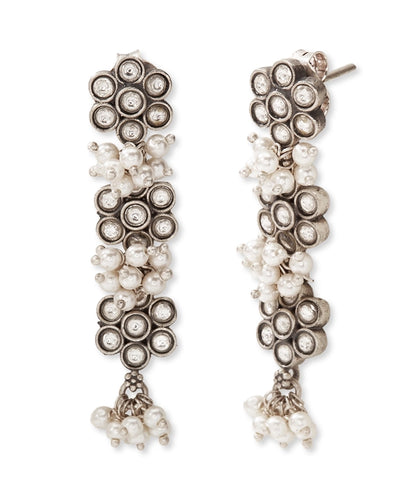 Silver Oxidized Floral Pearl Earrings