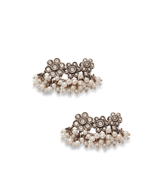 Silver Floral Ear Cuffs with Pearl Clusters