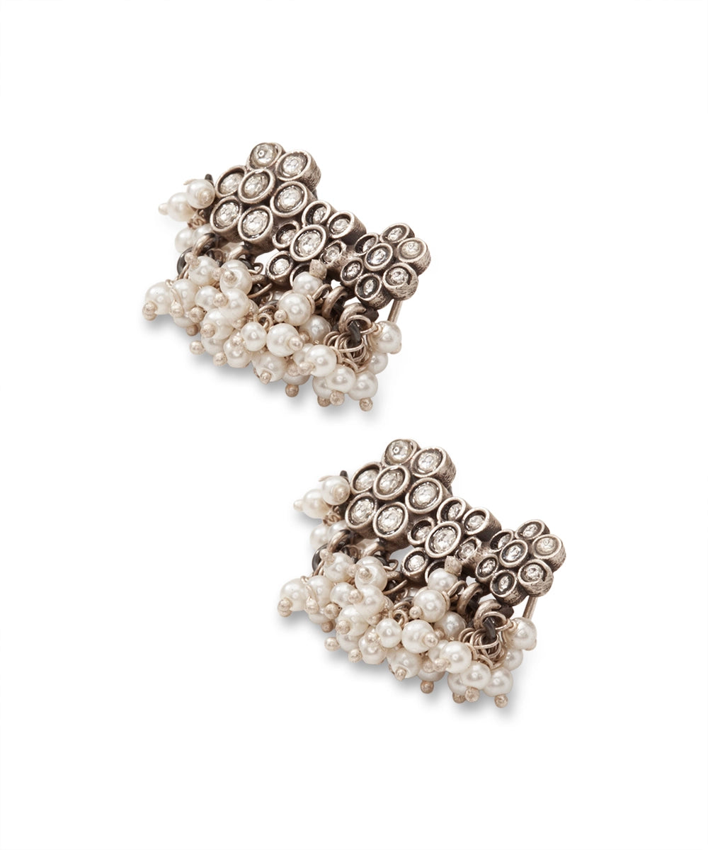 Silver Floral Ear Cuffs with Pearl Clusters