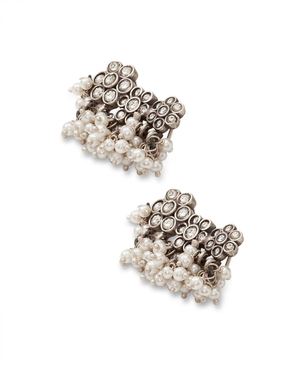 Silver Floral Ear Cuffs with Pearl Clusters