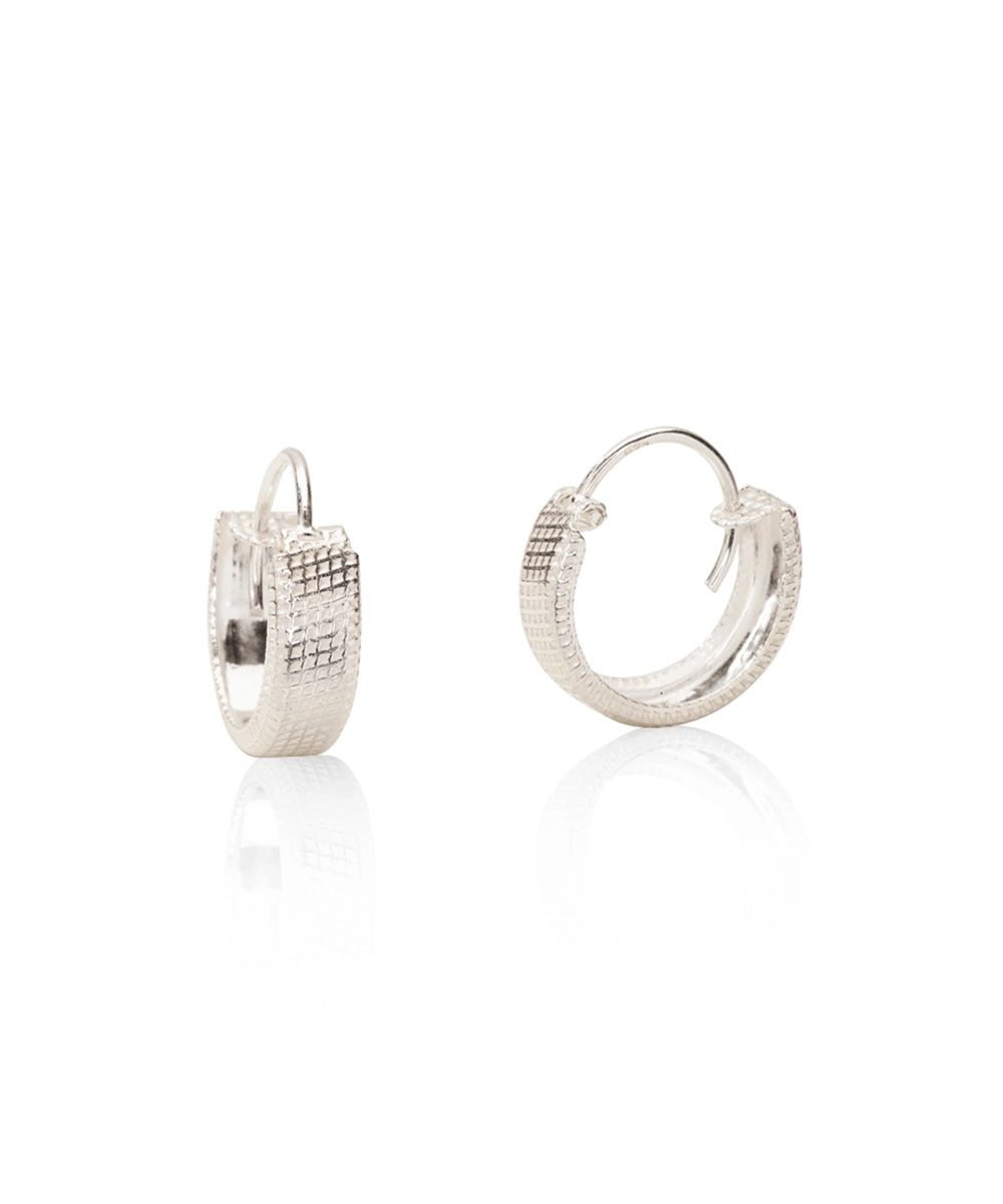 Silver Woven Grid Mini Hoops
