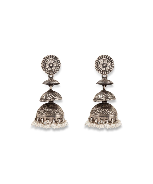 Silver Oxidized Tiered Jhumka Earrings
