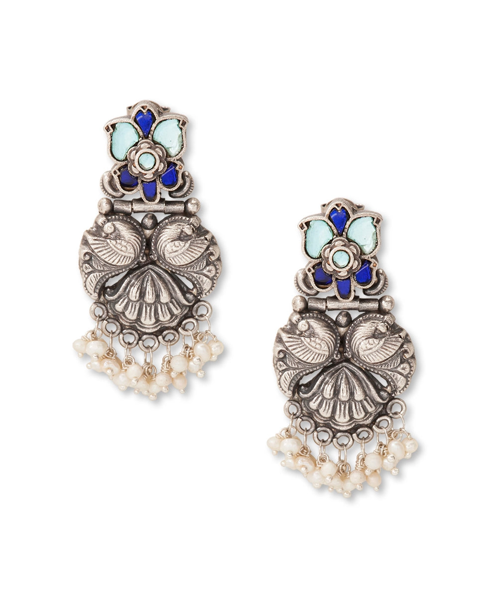 Silver Earrings with Blue Kundan And Mayur Motif