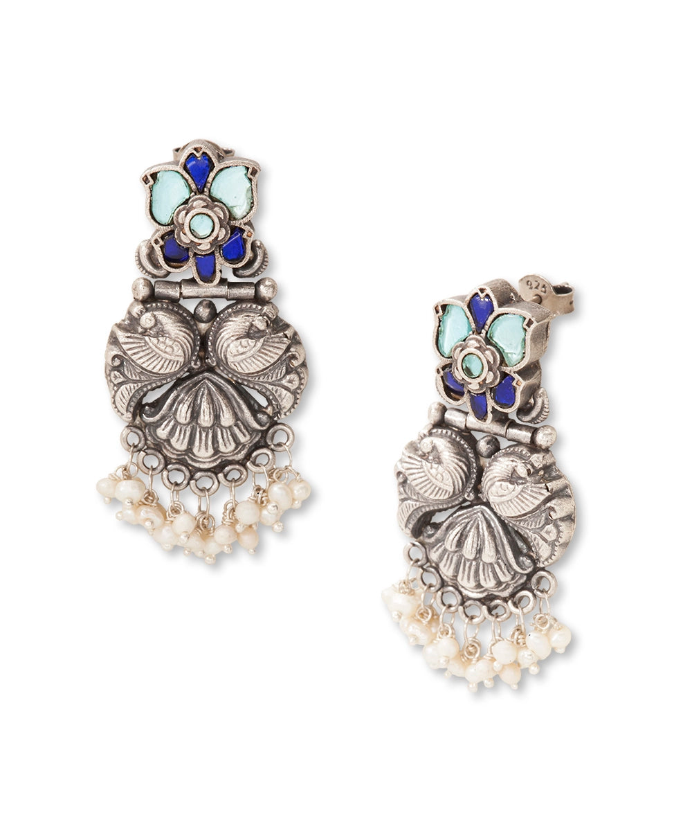Silver Earrings with Blue Kundan And Mayur Motif