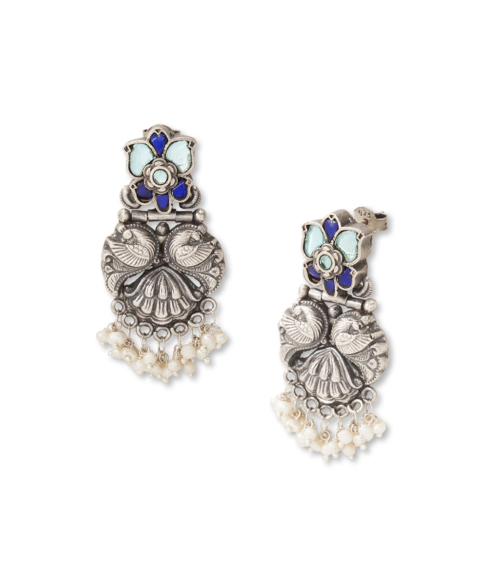 Silver Earrings with Blue Kundan And Mayur Motif