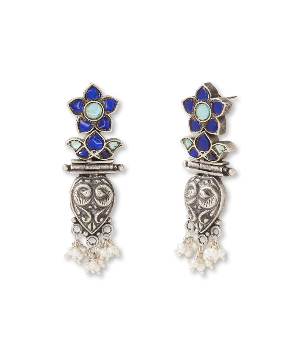 Silver Statement Blue Kundan Tribal Danglers