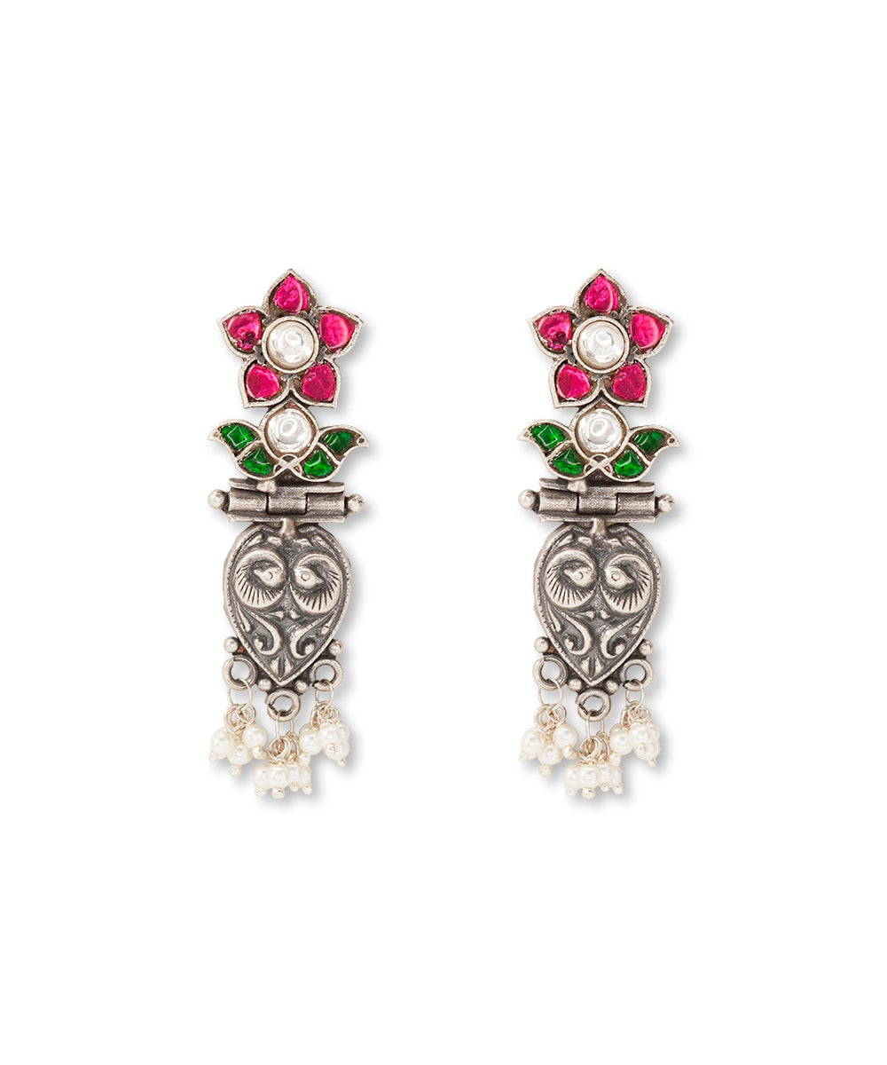 Silver Statement Pink Kundan Tribal Danglers