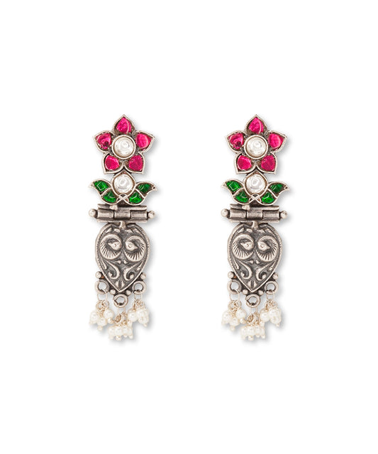 Silver Statement Pink Kundan Tribal Danglers